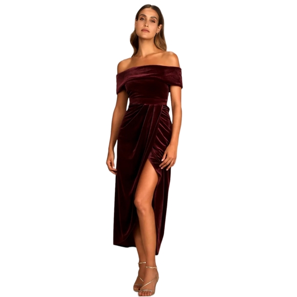 Lulus I'm Enchanted Burgundy Velvet Off-the-Shoulder Maxi Dress Medium - Picture 1 of 6